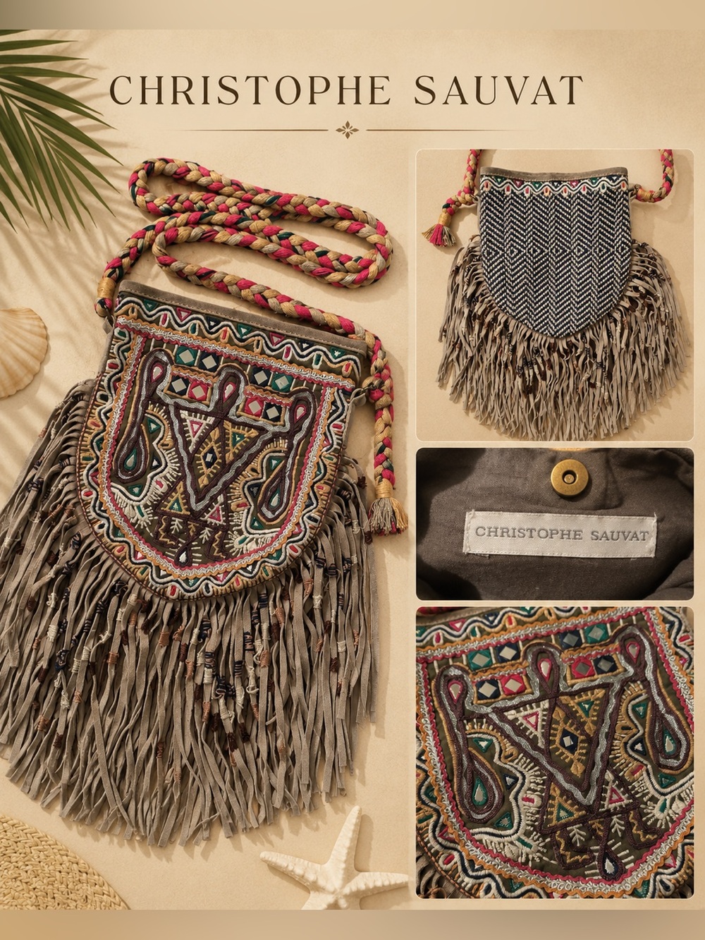 Christophe Sauvat Boho Embroidered Fringe Crossbody Bag